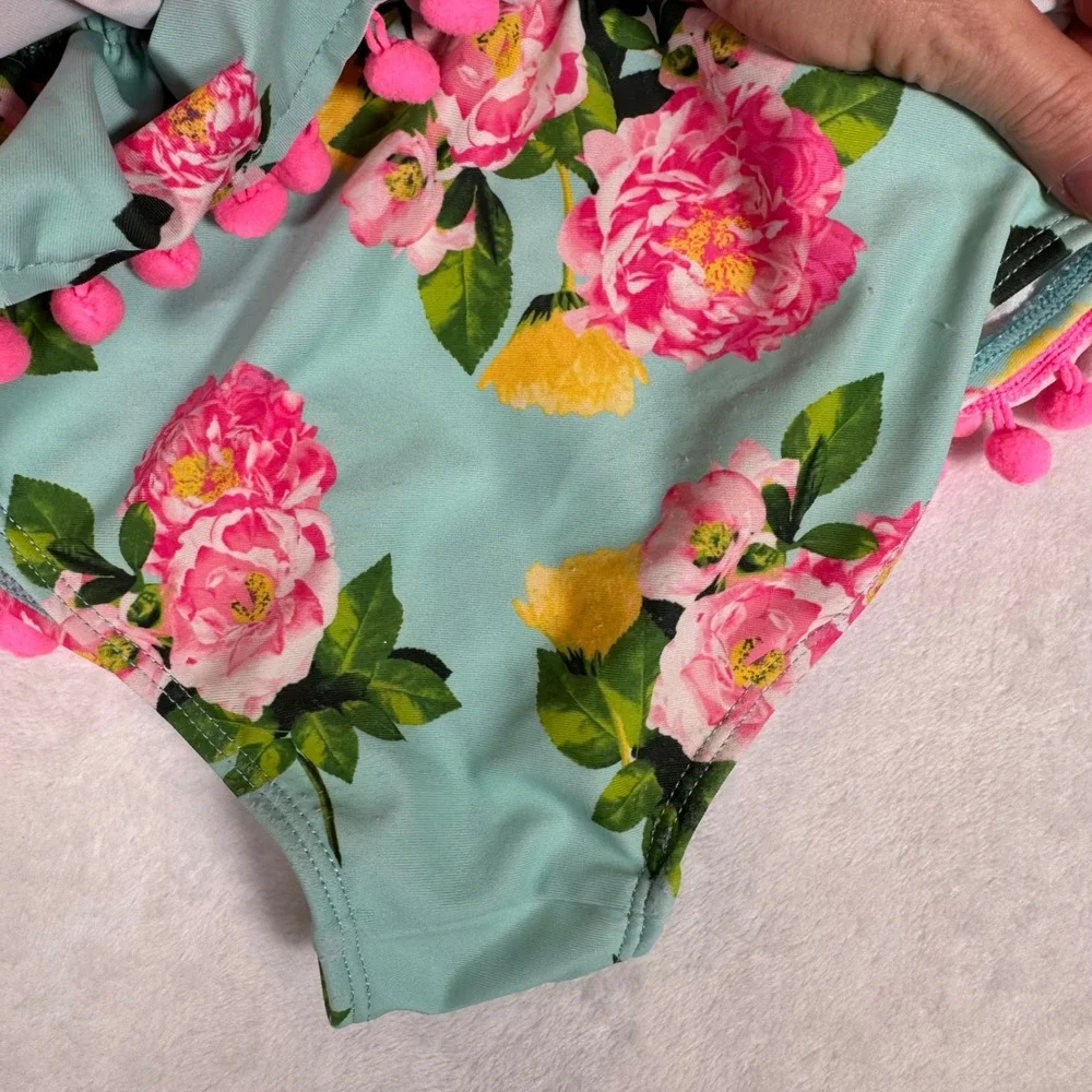 Betsey Johnson Swimsuit Girls 6X Lot of 2 Pink Floral Pom‎ Pom Ruffle Swimwear